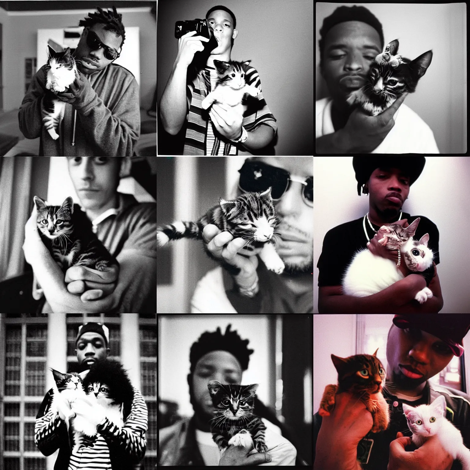 Prompt: “15mm wide-angle lens photo of a rapper in 1990 New York holding a kitten up to the camera”