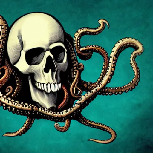 Prompt: skull of a pirate with tentacles protruding out at the bottom of the ocean old european map