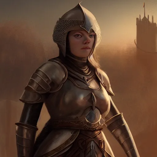 Prompt: Emma Stone as a medieval knight, matte painting, featured on Artstation