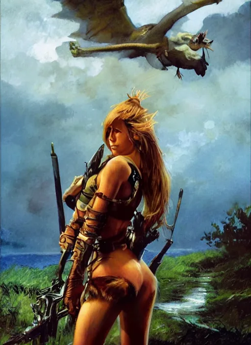 Image similar to hyper realistic hunter girl, full body, human proportion, rule of thirds, conceptart, saturated colors, cinematic, vallejo, frazetta, royo, rowena morrill, juan gimenez