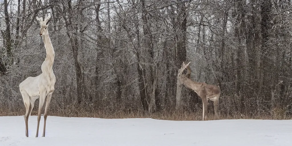 Prompt: a beautiful long necked albino elk like creature with the body of a white spotless giraffe, walks thru an enchanted forest, majestic!!! beautiful!!!, ethereal!!!, loving, ultra realistic, winter, golden hour, volumetric lighting, sharp focus