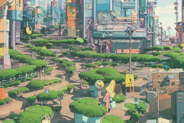 Prompt: an optimistic futuristic city street with a pop cannabis motif, by studio ghibli