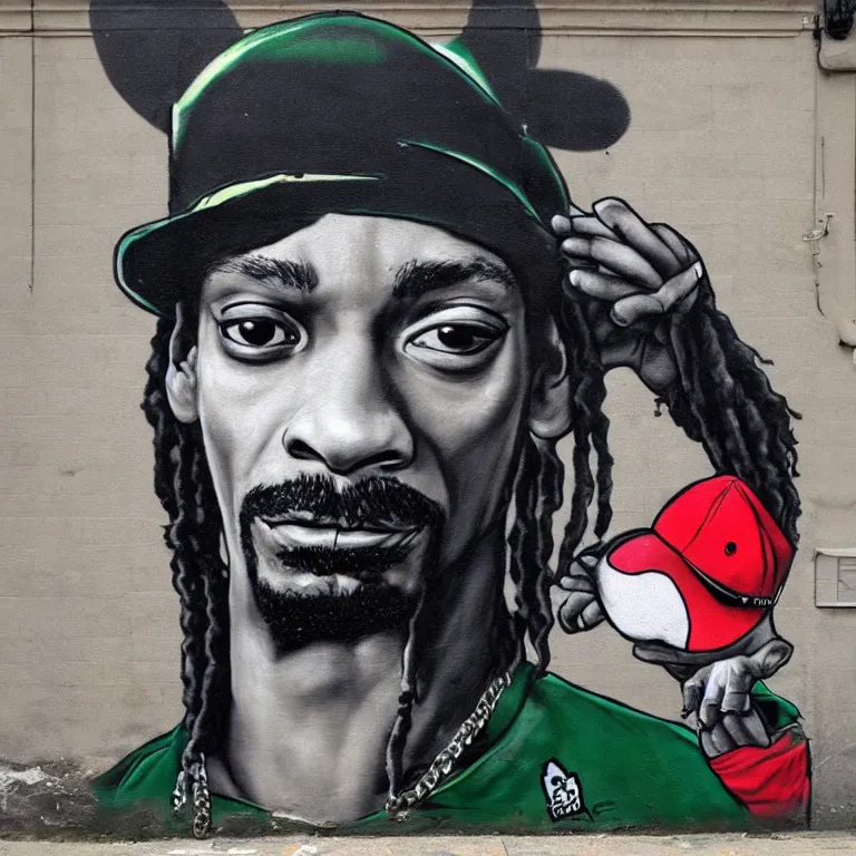 Prompt: Street-art portrait of Snoop Dog as a Pokemon Trainer in style of Banksy, photorealism