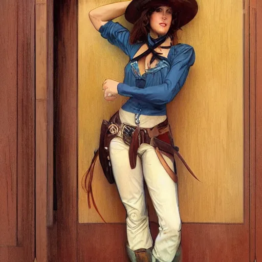 Image similar to painting of cowgirl leaning up against the door frame of saloon with one thumb hooked on belt loop art by artgerm and greg rutkowski and alphonse mucha