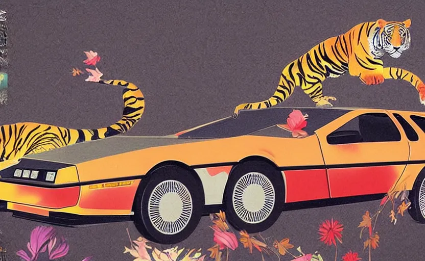 Image similar to a red delorean with a yellow tiger, art by hsiao - ron cheng and utagawa kunisada in a magazine collage, # de 9 5 f 0