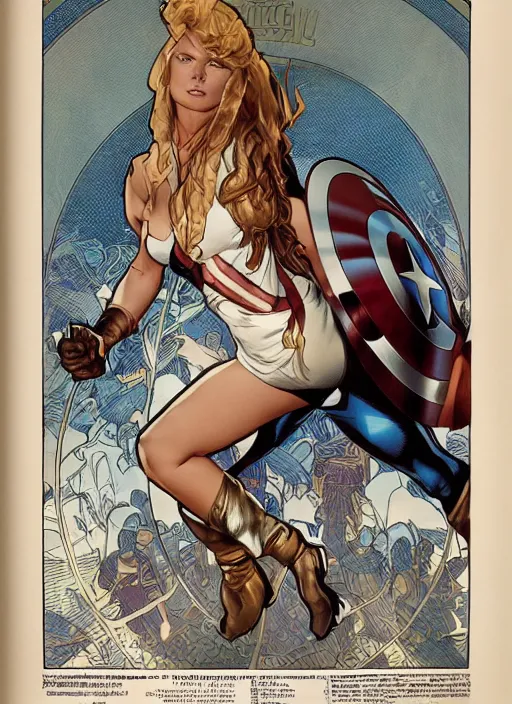 Prompt: toned young april with a mischievous face and extremely long blonde wavy hair dressed as superhero in her early twenties, posing with arms tucked behind back, captain america, tight fit, curvaceous, intricate detailed face, shiny, greg rutkowski, alphonse mucha