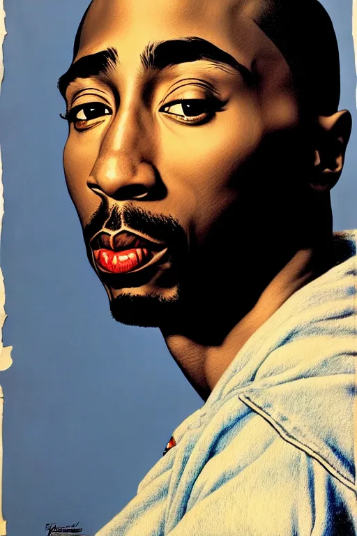 Image similar to tupac shakur portrait by gil elvgren and norman rockwell and rob gonsalves and hajime sorayama, hyperrealistic, high detail, ultra detailed, highly detailed face, ruffled fabric