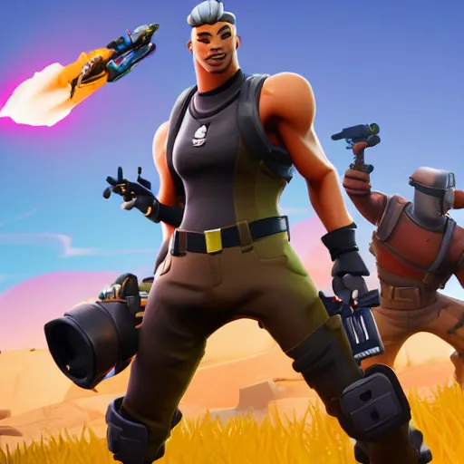 Prompt: fortnite character, side view, with a rocket luncher in the air, no background
