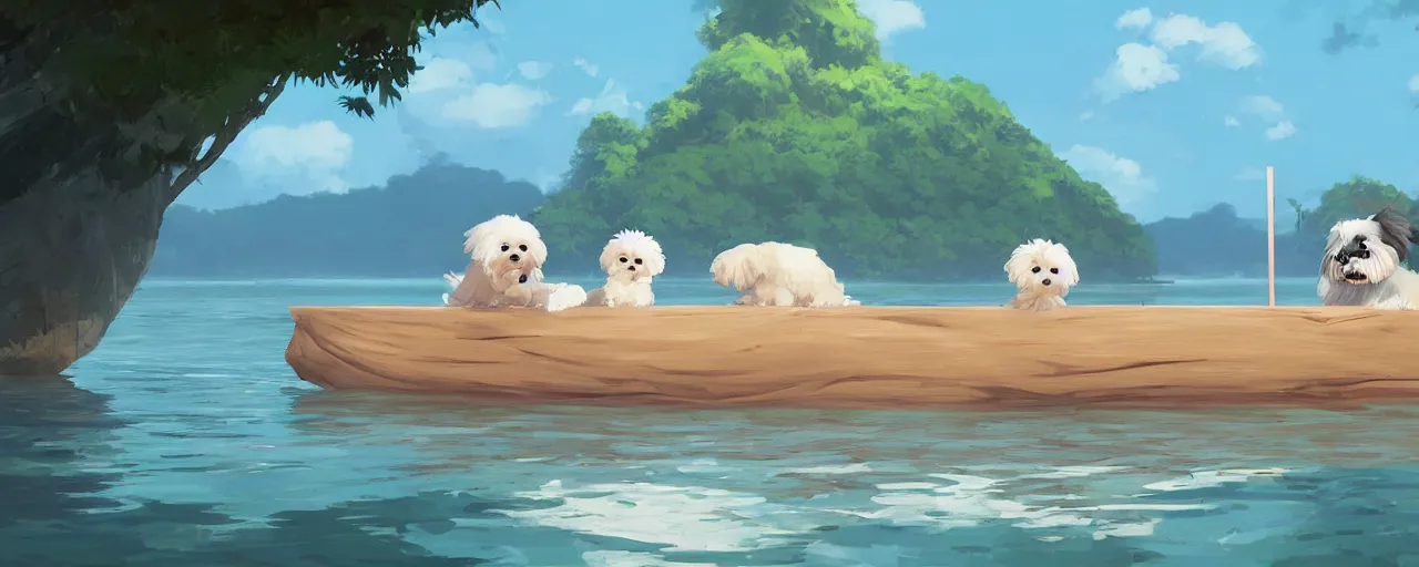 Image similar to a cream - colored havanese dog and shih tzu, sailing a log raft onto the shore of a beautiful tropical beach, detailed, atey ghailan, goro fujita, studio ghibli, rim light, exquisite lighting, clear focus, very coherent,