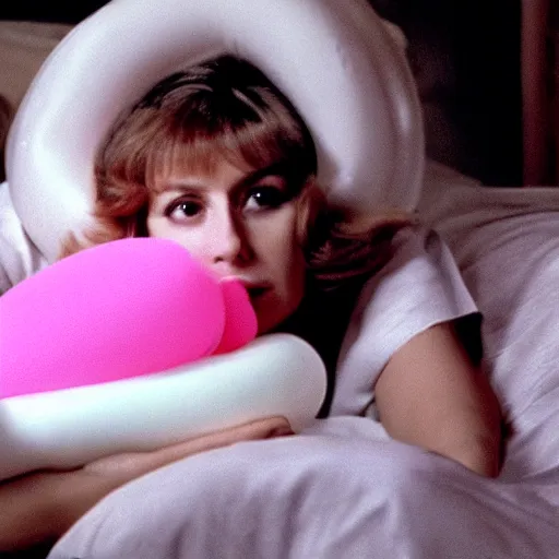 Prompt: still from a 1980 French film about a depressed housewife wearing a squishy inflatable toy as she meets a handsome younger man in a seedy motel room
