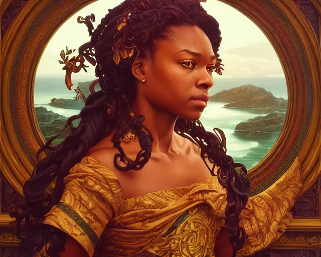 Image similar to photography of kehinde wiley, deep focus, d & d, fantasy, intricate, elegant, highly detailed, digital painting, artstation, concept art, matte, sharp focus, illustration, hearthstone, art by artgerm and greg rutkowski and alphonse mucha