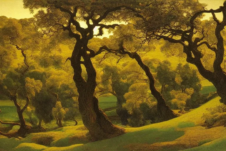 Image similar to masterpiece painting of oak trees on a hillside overlooking a creek, dramatic lighting, by elihu vedder