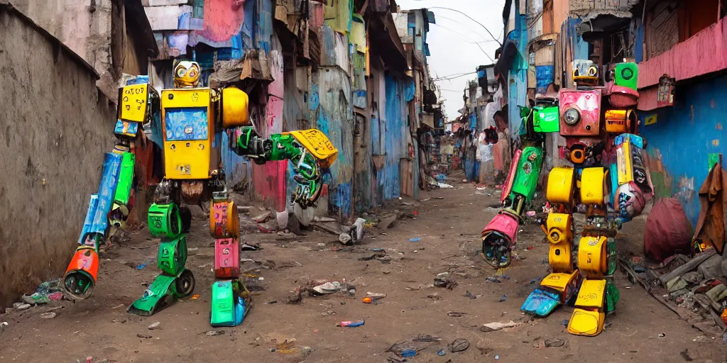 Image similar to colourful giant mecha ROBOT of AJEGUNLE SLUMS of Lagos, markings on robot, slums are neon lit, Night time,