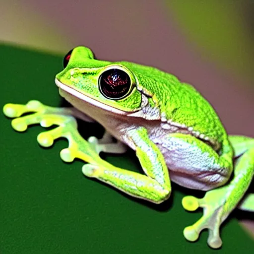 Prompt: “ a white ’ s tree frog with lasers shooting out of its eyes ”