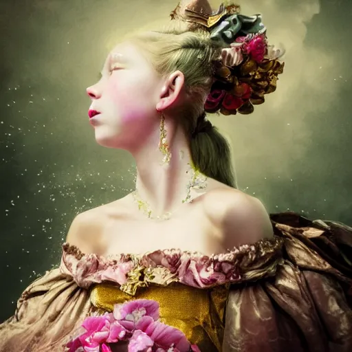 Image similar to 8k, octane render, realism, tonalism, renaissance, rococo, baroque, portrait of a young lady wearing long harajuku manga dress with flowers and skulls, background chaotic gold leaf flowers