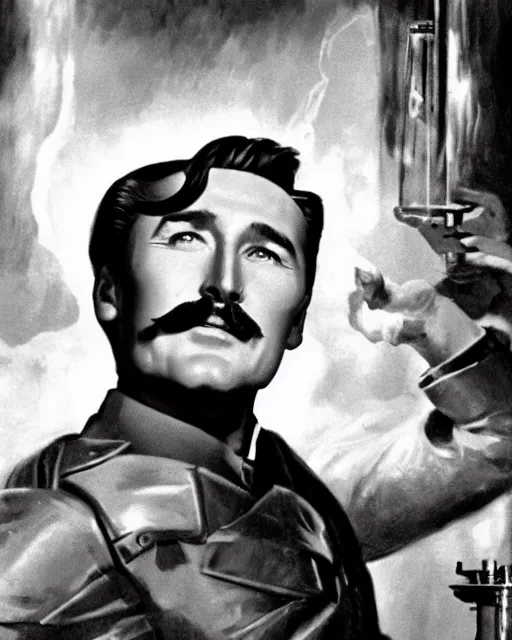 Prompt: Errol Flynn as a scientist. 1980s dystopian Soviet Russia, propaganda screens. Unreal engine, fantasy art by Adolph von Menzel. Faithfully depicted facial expression, perfect anatomy global illumination, radiant light, detailed and intricate environment