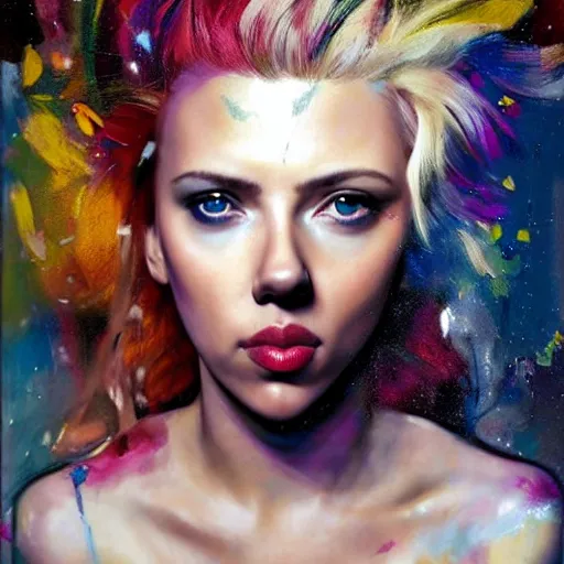 Image similar to scarlett johansson as delirium from sandman, ( hallucinating colorful soap bubbles ), by jeremy mann, by sandra chevrier, by dave mckean and richard avedon and maciej kuciara, punk rock, tank girl, high detailed, 8 k