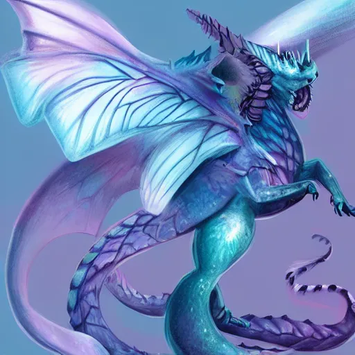 Prompt: digital illustration of a pastel dragon with butterfly wings, artstation, deviantArt, photorealistic