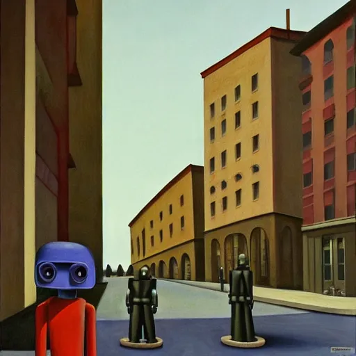 Image similar to drab human pedestrians, guarded by fascist robot overlords, brutalist city street, dystopian, pj crook, edward hopper, oil on canvas
