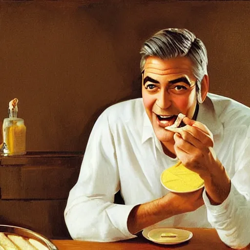 Prompt: George Clooney eating a stick of butter and having the time of his life by leyendecker
