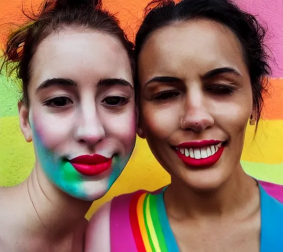 Prompt: close photo shot still of two womens rainbow painted lips kissing