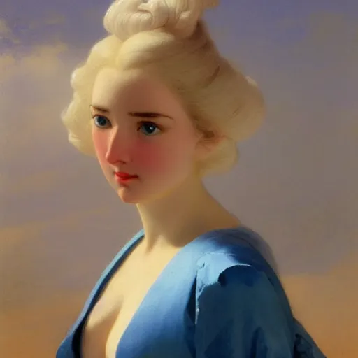 Image similar to young woman's face, her hair is white and she wears a cobalt blue duchesse satin cloak, by ivan aivazovsky and syd mead and moebius and gaston bussiere and roger dean and willem claesz and pieter claesz and paul delaroche and alma tadema and aelbert cuyp, hyperrealistic, volumetric light, octane