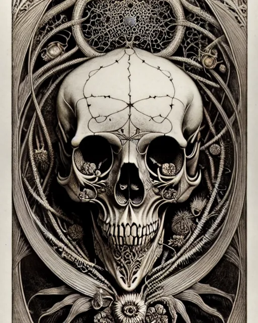 Image similar to art forms of nature by ernst haeckel, memento mori by arthur rackham, ornate antique porcelain beautiful skull mask, ultrasharp, photorealistic, hyperdetailed, octane render, polished, art nouveau, neo - gothic, gothic, intricate ornamental organic filigree, art nouveau botanicals, art forms of nature by ernst haeckel, horizontal symmetry, symbolist, visionary