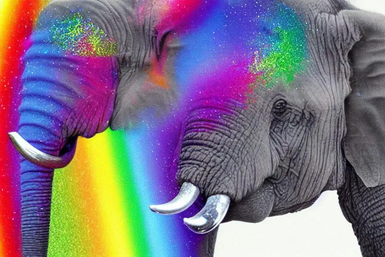 Image similar to an photorealistic picture of an elephant that farts glitter in the colors of the rainbow