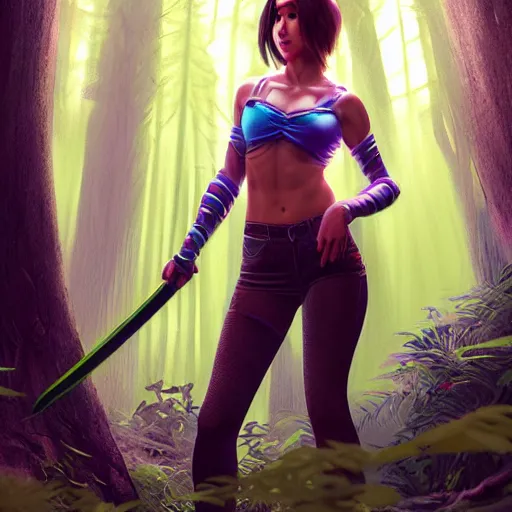 Image similar to woman with neon katana in a forest at night, highly detailed, professional digital painting, Unreal Engine 5, Photorealism, HD quality, 8k resolution, cinema 4d, 3D, cinematic, professional photography, art by artgerm and greg rutkowski and alphonse mucha and loish and WLOP