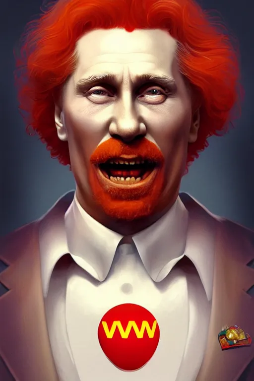 Image similar to vladimir putin as ronald mcdonald, 2 d portrait, symmetrical, highly detailed, digital painting, artstation, concept art, smooth, sharp focus, illustration, cinematic lighting, art by artgerm and greg rutkowski and alphonse mucha