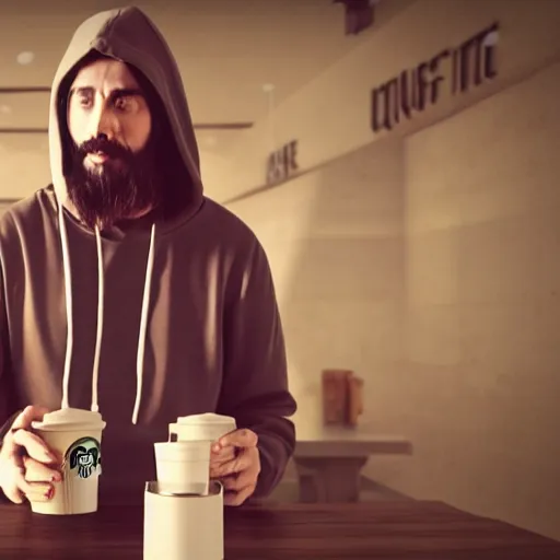Prompt: hipster jesus wearing a hoodie ordering starbucks coffee, realistic artstyle, wide shot, dramatic lighting, octane render, hyperrealistic, high quality, highly detailed, HD, cinematic