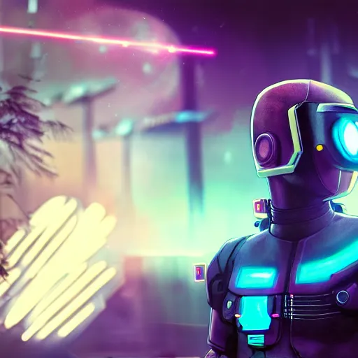 Image similar to cyberpunk concept cool deadpool warrior bot, cinema 4 d, galaxy, ufo, space sci - fi, wearing vr goggles, illustration, portrait, pastel neon textured background night, trending on artstation, greg rutkowski, octane rendered, 1 2 k, detailed,