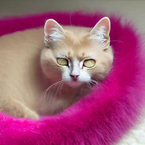 Image similar to pink furred cat sleeping in a fluffy bed