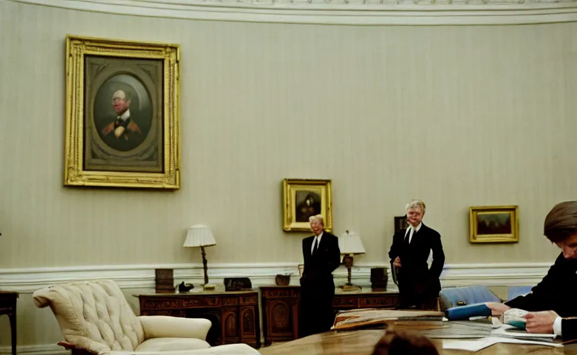 Prompt: cinestill 5 0 d candid photographic portrait by helen levitt of a dolphin being president in the oval office moody emotional cinematic, white pale concrete city, dust storm, 8 k, hd, high resolution, 3 5 mm, f / 3 2, ultra realistic faces, ex machina