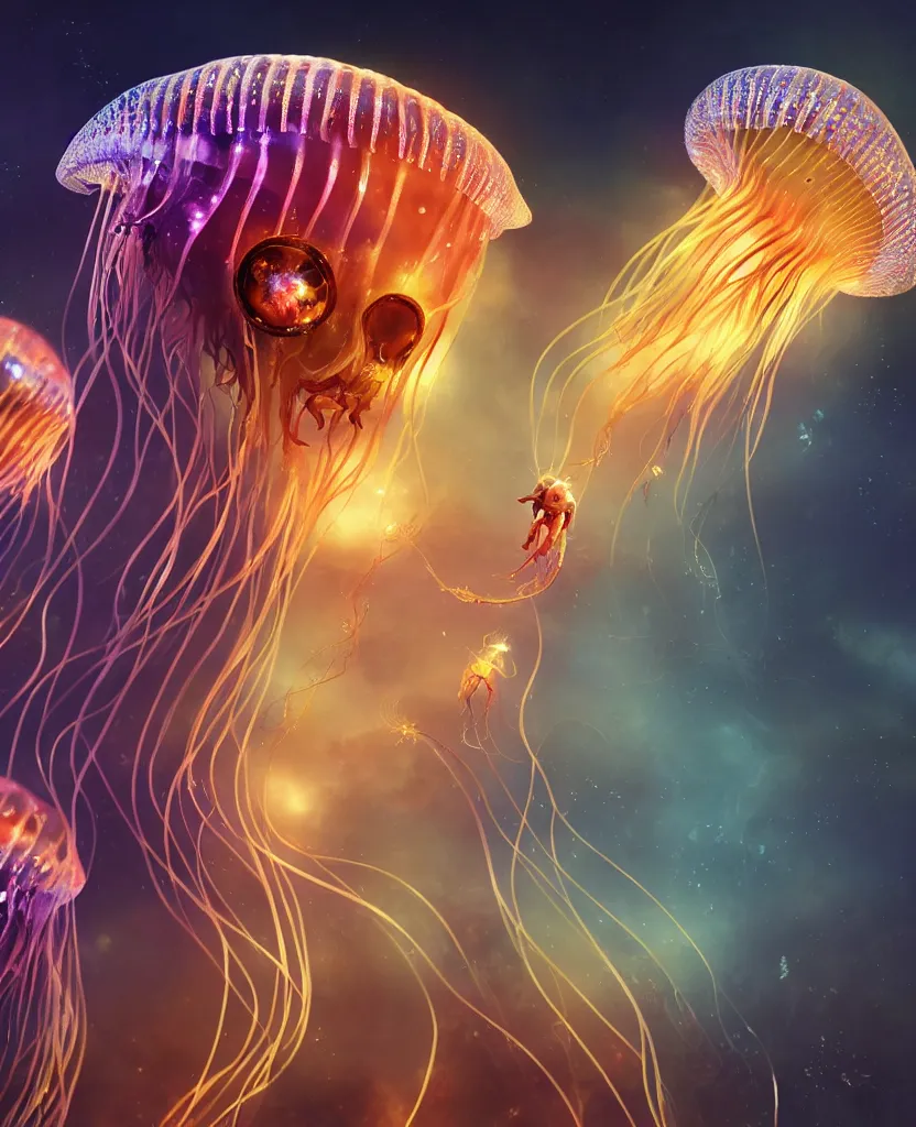 Image similar to close-up portrait of the face of a beautiful princess in a twisted flowers jellyfish mask in a spaceman suit surrounded by energy flow, epic angle and pose, symmetrical artwork, 3d with depth of field, blurred background, floating jellyfish skull phoenix bird, translucent, nautilus, energy flows of water and fire. a highly detailed epic cinematic concept art CG render. made in Maya, Blender and Photoshop, octane render, excellent composition, cinematic dystopian brutalist atmosphere, dynamic dramatic cinematic lighting, aesthetic, very inspirational, arthouse. y Greg Rutkowski, Ilya Kuvshinov, WLOP, Stanley Artgerm Lau, Ruan Jia and Fenghua Zhong