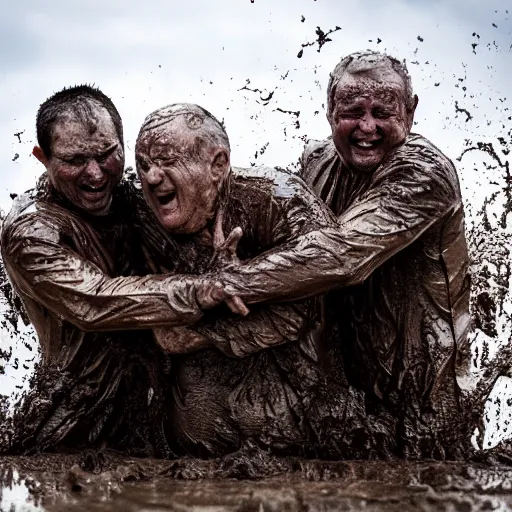 Prompt: action photography old men falling in mud, faces covered by mud, enjoying it, fun, high resolution, 8 k, hd, dslr