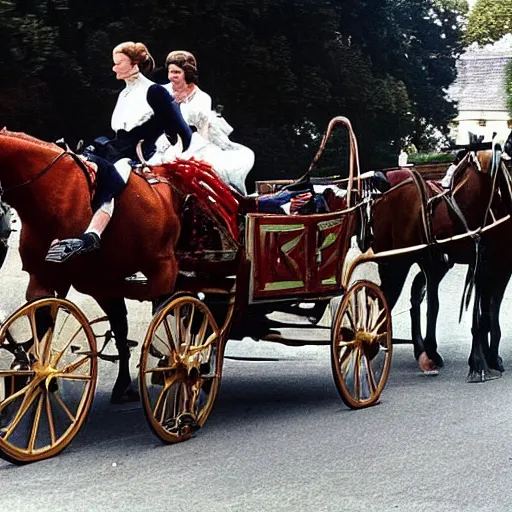 Image similar to lady catherine de bourgh from pride and prejudice drives her barouche box pulled by two horses on the formula 1 circuit of le mans. she is surrounded by ferrari cars one of them driven by steve mcqueen. cinematic, technicolor, highly intricate