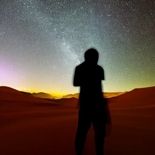 Image similar to a photo of a silhouette of a person in a color lit desert at night