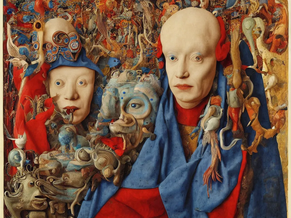 Prompt: portrait of albino mystic with blue eyes, with beautiful exotic, archaic, Aztec mask, sculpture. Painting by Jan van Eyck, Audubon, Rene Magritte, Agnes Pelton, Max Ernst, Walton Ford