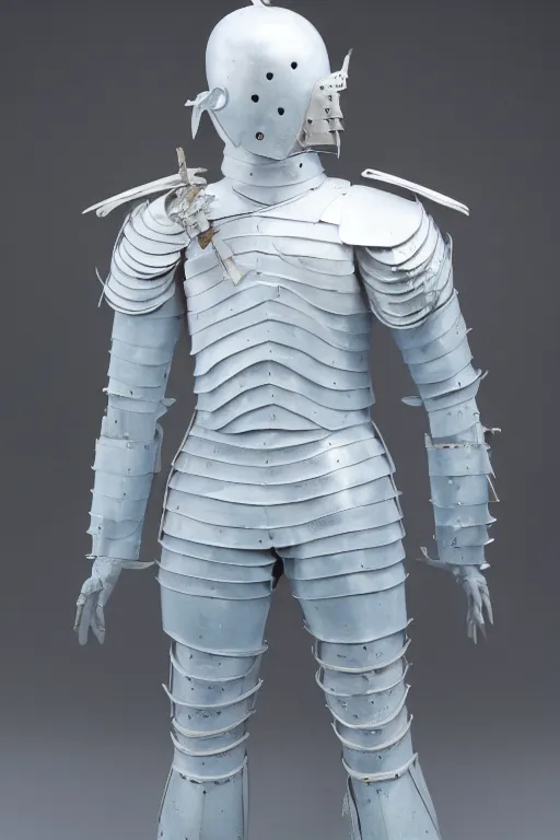 Prompt: Studio photograph of a suit of armor made of white porcelain with blue trim. 8k.