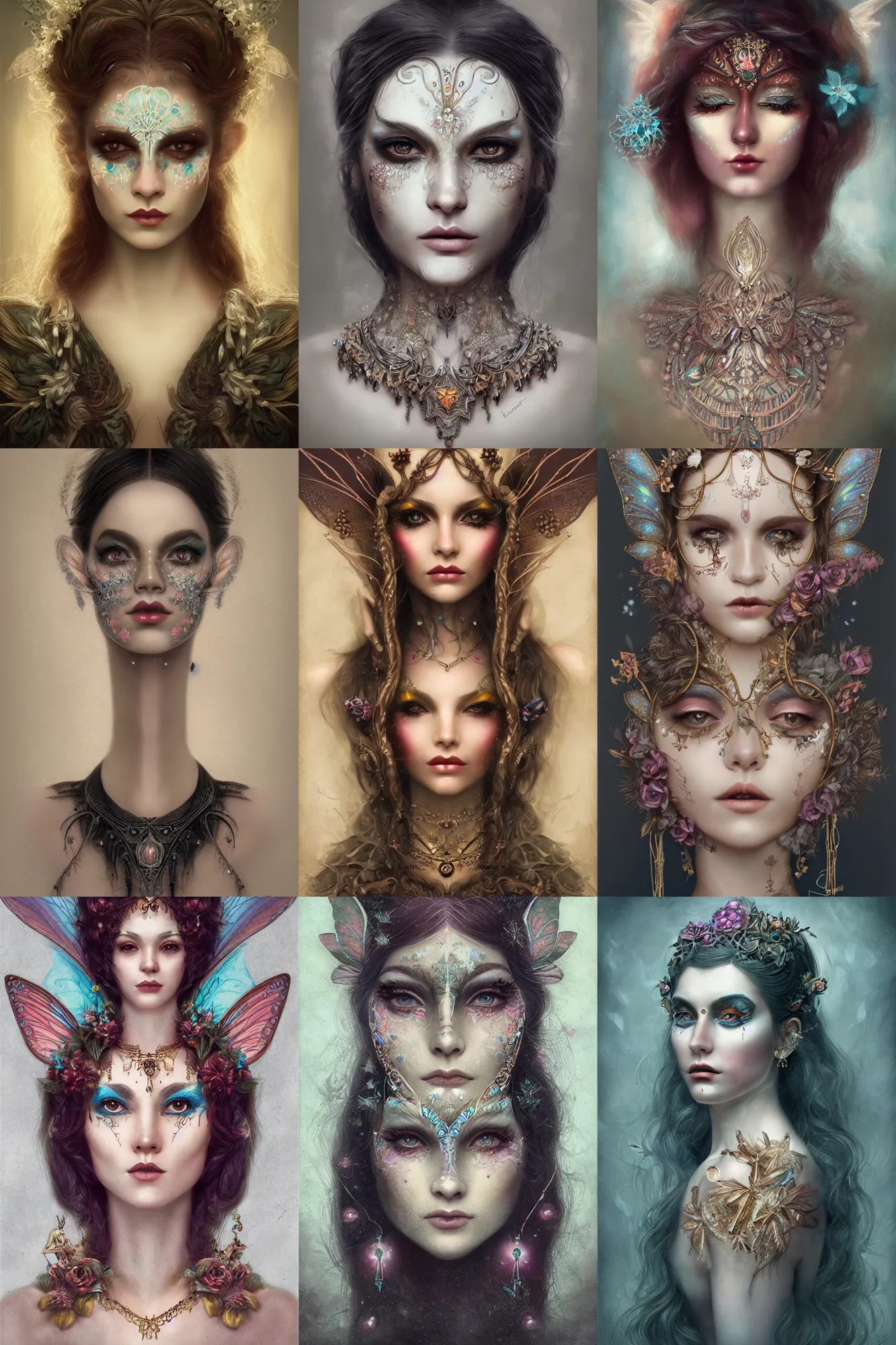 Prompt: portrait of a fairy, symmetric, facepaint, intricate jewelry, trending on artstation 4 k, in the style of tom bagshaw