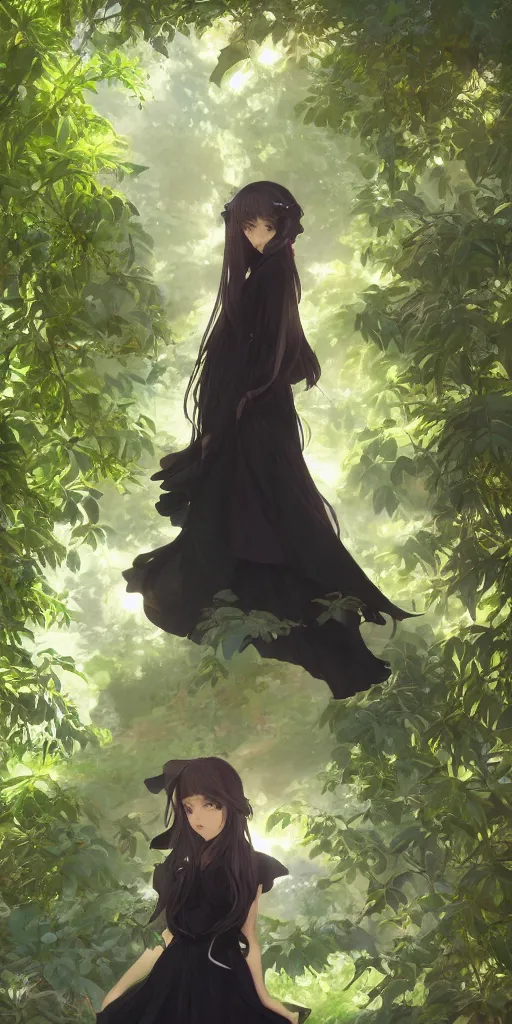 Prompt: a digital art of a loli with long hair in black dress in the privet garden at after noon, green and warm theme, back lighting, by krenz cushart and mucha and akihito yoshida and greg rutkowski and makoto shinkai, extremely long shot, detailed eyes, 4 k resolution, trending on art station