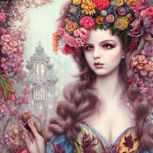 Prompt: pop surrealism, lowbrow art, realistic spanish woman painting, full covered dress, 🍁🌺🌫 🌚 with flowers, hyper realism, pastel colours, rococo, natalie shau, loreta lux, tom bagshaw, mark ryden, trevor brown style