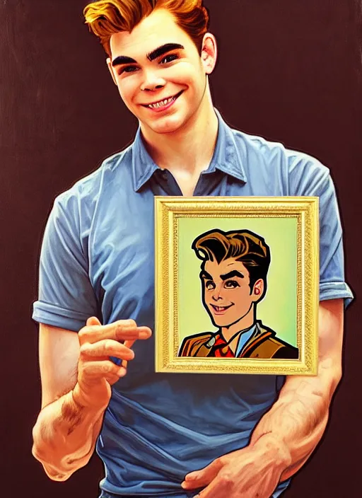 Prompt: oil portrait of archie andrews holding a picture of among us, intricate, elegant, highly detailed, lighting, painting, artstation, smooth, illustration, art by greg rutowski and alphonse mucha