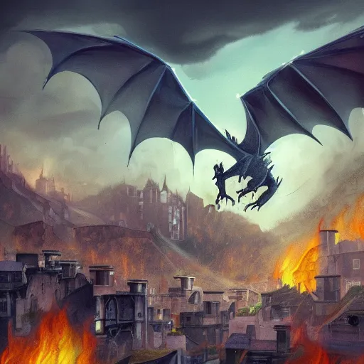 Prompt: a large dragon flying above a mid century village and blowing fire to the buildings below. Moody paining trending on artstation
