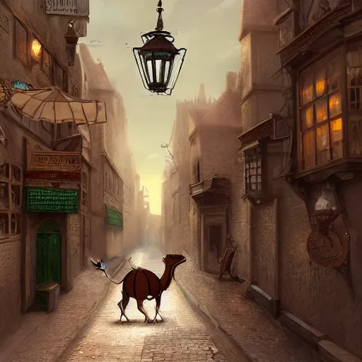 Image similar to A cute mouse riding a camel through a narrow street full of pubs in Victorian London, digital art, trending on Artstation