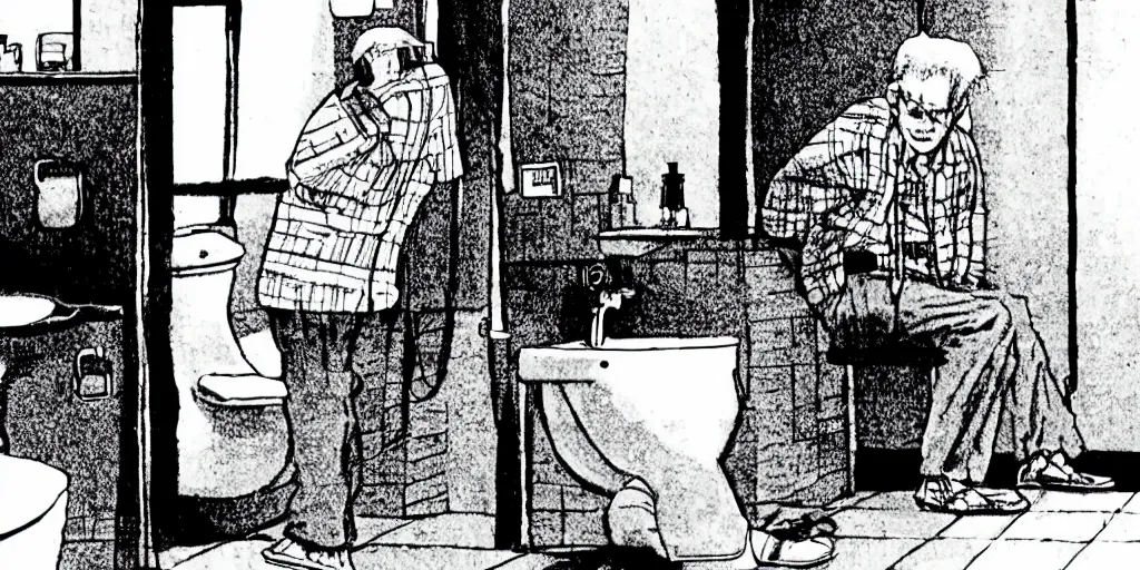 Prompt: An old man in his 80’s with a cane falls on the floor in a toilet, by Junji Ito