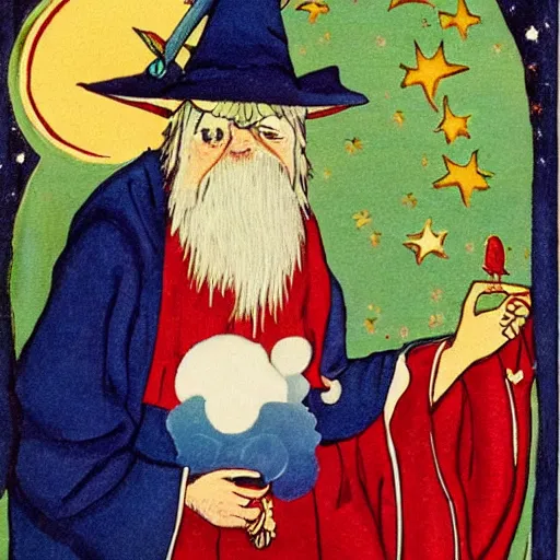 Prompt: adult wizard wearing abyzentine hat and a robe with star and moon pattern