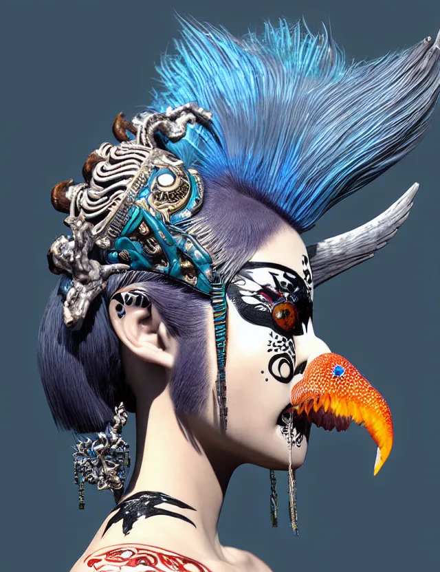 Prompt: 3 d photo realistic goddess close - up profile portrait punk with mohawk with ram skull. beautiful intricately detailed japanese crow kitsune mask and clasical japanese kimono. betta fish, jellyfish phoenix, bio luminescent, plasma, ice, water, wind, creature, artwork by tooth wu and wlop and beeple and greg rutkowski