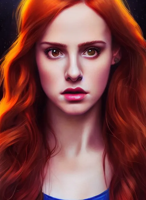 Image similar to full body portrait of teenage cheryl blossom, bangs, green eyes, sultry expression, red hair, sultry smirk, bangs and wavy hair, bangs, intricate, elegant, glowing lights, highly detailed, digital painting, artstation, concept art, smooth, sharp focus, illustration, art by wlop, mars ravelo and greg rutkowski